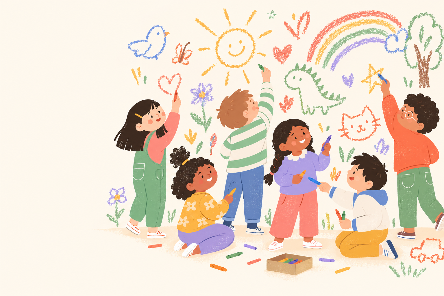 Children creating colorful drawings together